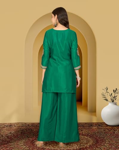 Image of Amazon Brand - Tavasya Women Silk Blend Zari Sequence Thread Embroidered Kurta with Palazzo |Ethnic Wear