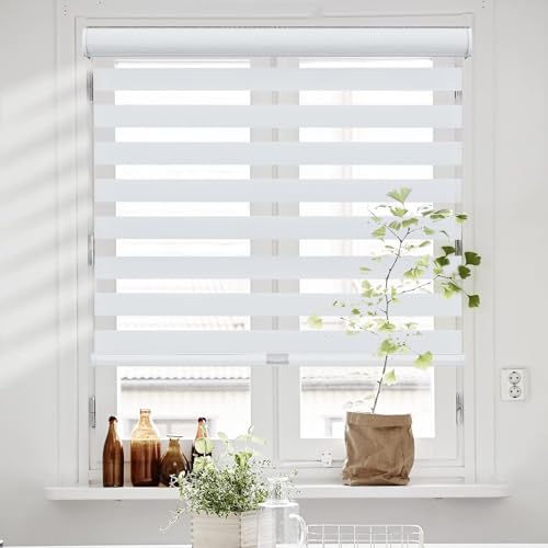 Persilux Cordless Zebra Blinds for Windows with Jacquard Pattern Roller Shades Light Filtering Sheer Window Shades for Home, Office and Door (34 W x 72 H, White)