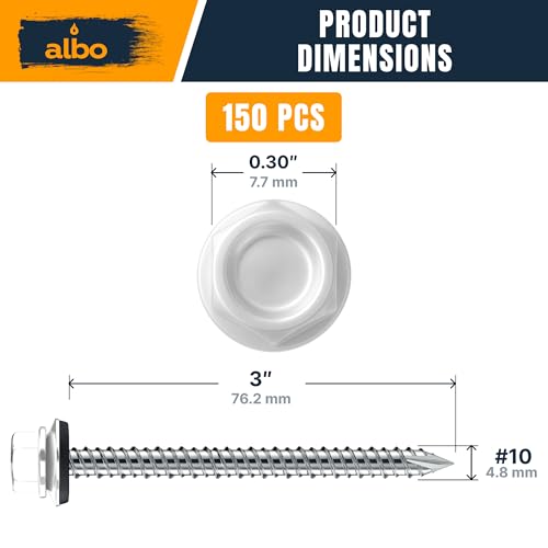 Image of ALBO 150 Pcs #10 x 3 White Ruspert-Coated Metal Roof Screws, EPDM Washers