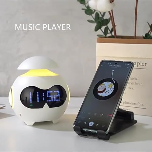 Image of Robot Designed Digital Alarm Clock with Wireless Bluetooth Speaker for Songs | USB Powered Wake Up Alarm Clock with Emoji, Dual Alarm Setting, with Adjustable Night Light (1-pcs)