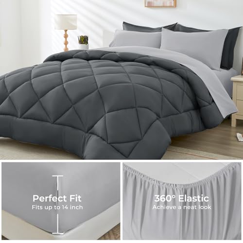 HEVUMYI Oversized Queen Comforter Set - 7-Piece All Season Bed in a Bag Oversized Queen, Ultra Soft Bedding Set with Comforter, Flat Sheet, Fitted Sheet, Pillowcases, Dark Grey & Light Grey