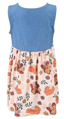 Image of Unique Baby Girls Sleeveless Denim Dress with Knot Tie and Fun Print for Toddler and Big Kids