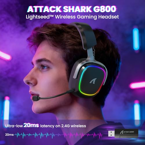 Image of ATTACK SHARK G800 Wireless RGB Gaming Headset:7.1 Surround Sound-50mm Drivers-Memory Foam Ear Pads,Wired /2.4Ghz /BT,Ultralight,Durable Aluminum Frame,Detachable Mic,Programmable for PC Mac Gamer(Black)