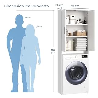 Armadio per lavatrice Armadio da bagno Armadio alto Scaffale per lavatrice - spazio contenitivo salvaspazio e contenitore per bagno, cantina e ripostiglio | 65x30x187 (LxPxA) cm | Bianco