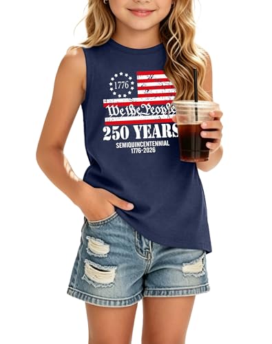 WOSHN 250th Anniversary USA Tank Tops Kids American Flag Shirt 4th of July Patriotic Tank 250 Years Sleeveless Tops(DarkBlue2,160)