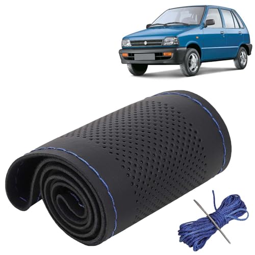Image of KINGSWAY PU Leatherite Car Steering Cover Sewable Compatible with Maruti Suzuki 800 (Year 2000-2014), Black Color with Blue Thread, Pack of 1 with Sewing Needle and Thread