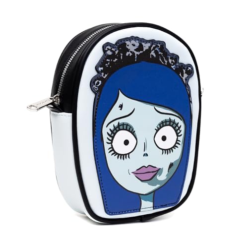 Buckle-Down Horror Movies Vegan Leather Crossbody Bag, Emily the Corpse Bride Face Applique Pale Blue2