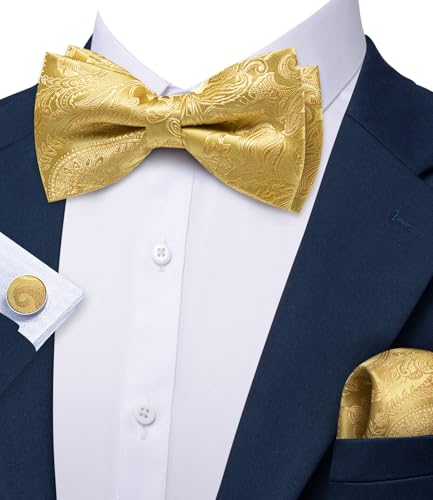 Image of YOHOWA Paisley Striped Men Bow Tie Pre-Tied Formal Adjustable Colorful Bowties Handkerchief Cufflinks Set Wedding Party