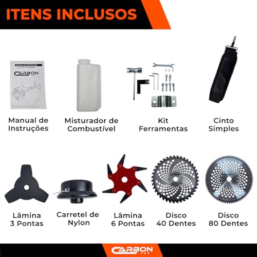 Roçadeira a Gasolina 2,5HP 52cc Profissional Multifuncional com Disco 80 Dentes + Disco 40 Dentes +