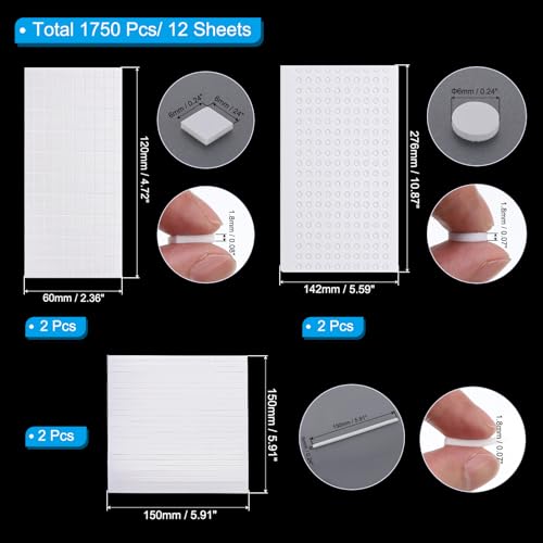 PATIKIL 1750Stk/ 12 Blätter Schaum Punkte Quadrate 6 Größe Rechteck Form 3D Doppelklebe Schaum Klebebänder Halterung für Basteln Kunst Büro Bedarf Weiß
