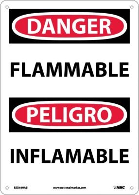 Panneau Danger Flammable bilingue résistant à la corrosion pour zone de stockage OSHA