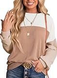 Dokotoo Womens Clothing Fashion 2026 Casual Long Sleeve Shirts for Women Crewneck Color Block Ladies Shirt Lightweight Knit Pullover Blouses Tunic Tops Sweaters Womens Trendy Clothes Chestnut Large