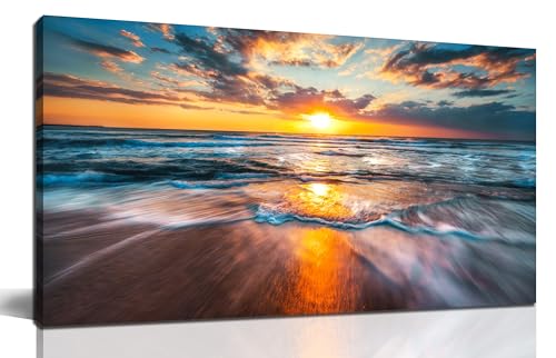 GUGIKA Sun Wall Art for Living Room, Blue Wave and Large Coastal Beach Wall-Decor for Bedroom, Gold...