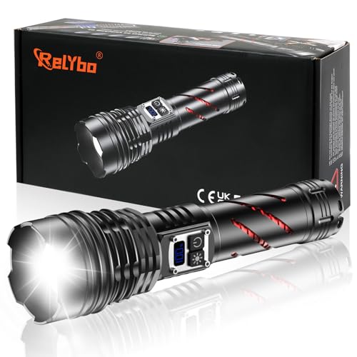Relybo Taschenlampe LED Aufladbar 1000000 Lumen, LED Taschenlampe Extrem Hell, 2 Schalter Stufenlos Dimmbar, Starke Taktische Taschenlampe USB...
