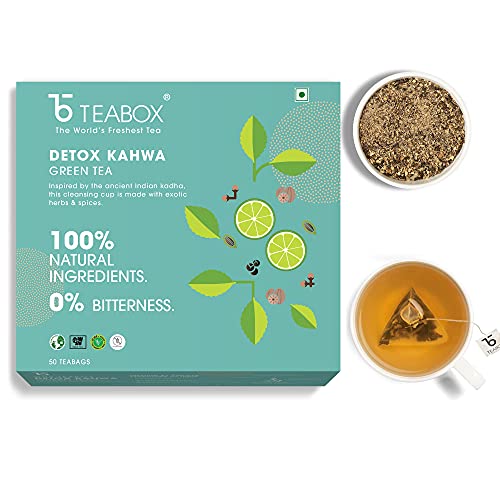 Image of Teabox Detox Kahwa Herbal Tea | 50 Biodegradable Teabags | 8 Natural Ingredients | Supports Body Detox & Healthy Digestion | 0% Bitterness | Caffeine-Free Wellness Brew (Pack of 3)