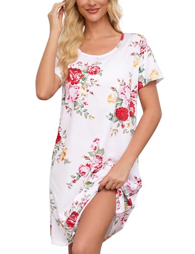 Image of ENJOYNIGHT Womens Cotton Nightgown Short Sleeve Sleepshirt Print Nightshirt | Short-Sleeve Crew Neck, Soft Cotton Fabric, Cartoon Printed Sleep Shirt, Loose Fit