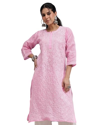 Image of Ada Women's Cotton Straight Fit Straight Hand Embroidered Lucknowi Chikankari Kurta Kurti A411165