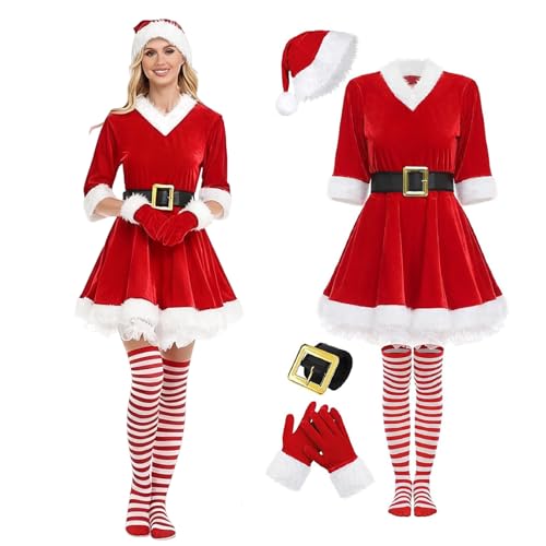 Weihnachtsmann Kostüm Damen Rot Weihnachtskostüm Frauen Komplettset mit Weihnachtsmütze Handschuhe StrümpfeSexy Samt Weihnachtskleid Cosplay...