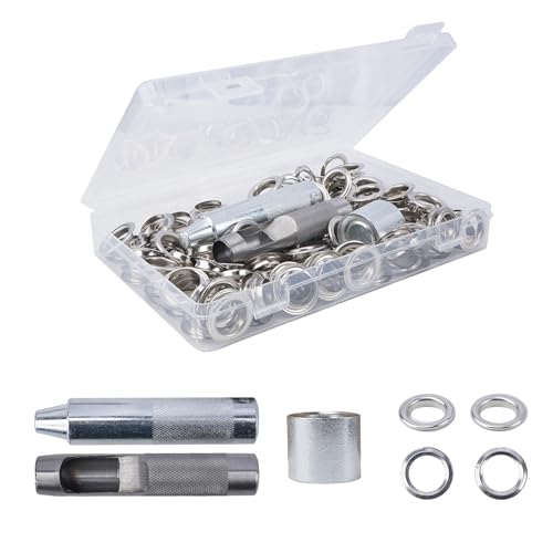 Kit di utensili per occhielli: kit di utensili per occhielli in argento da 16 mm, in totale 120 pezzi. Gli accessori includono 1 base in metallo, 1 perforatore, 1 asta di maschiatura e 1 scatola di plastica.