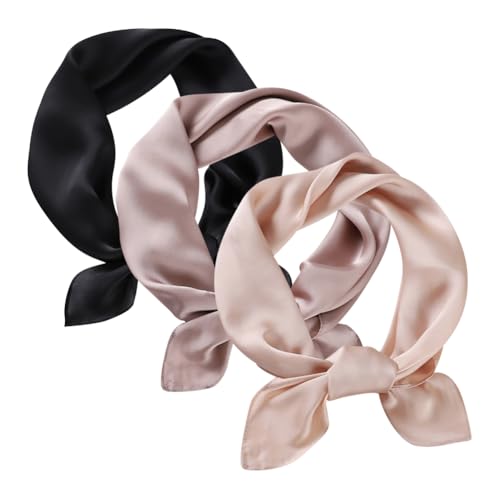 GSHLLO 3 Pcs 27.6 Inch Square Satin Head Scarf Kerchief Sleeping Hair Wrap Scarves Bandanas Soft Plain Headscarf Neckerchief Decorative Bag Scarf Champagne Khaki Black