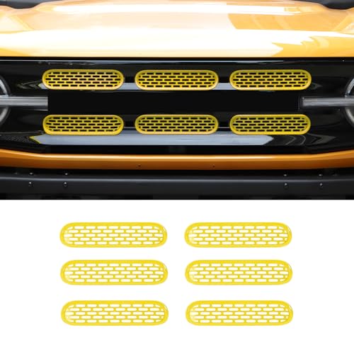 Image of Front Grill Mesh Grille Inserts Cover Frame Trims Kit 6Pcs Fit for Ford Bronco 2021-2026+ 2 /4 Door Exterior Accessories (Yellow)