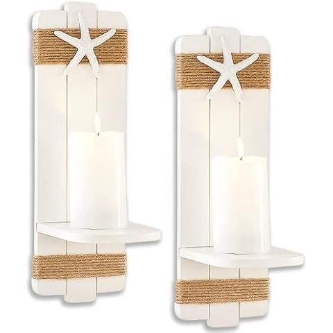 Tide and Tales Beach Decor Starfish Wall Sconces (Set of 2) Wall-Mount Candleholders, Coastal Farmhouse Seashell Candle Holders, Nautical Wall Decor Cover