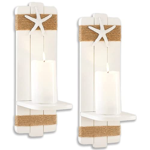 Tideandtales Coastal Decor Starfish Wall Candle Sconces (Set Of 2) Rustic Beach Themed Wall-Mount Candle Wall Holder, Coastal Farmhouse Seashell Candle Holders, Nautical Style Beach Bathroom Decor #TOP2