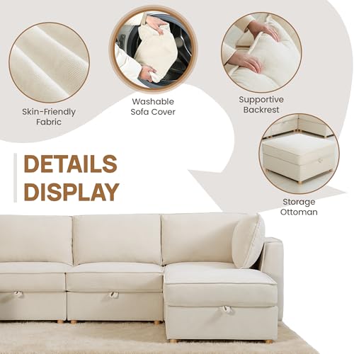 Image of 99 inch Modular Sectional Sleeper Sofa Bed with Storage & Washable Covers, 6-Seater Chenille Modular Sofa Bed with Movable Ottoman Chaise, Convertible Sleeper Sectional Couches for Living Room, Blue