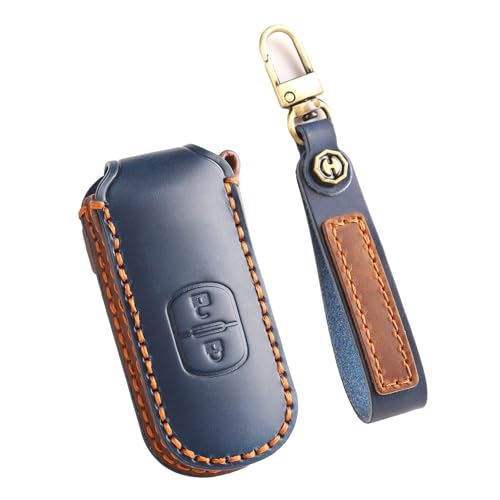 Étui porte-clés en cuir véritable bleu compatible Mazda
