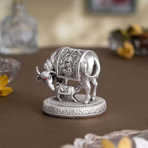 Image of Svastika 999 Silver Plated Kamdhenu Cow with Calf Idol | 2.5 Inch Kamadhenu Gomatha Vastu Showpiece | Kaamdhenu Idol for Puja | Anniversary Wedding Housewarming Gift