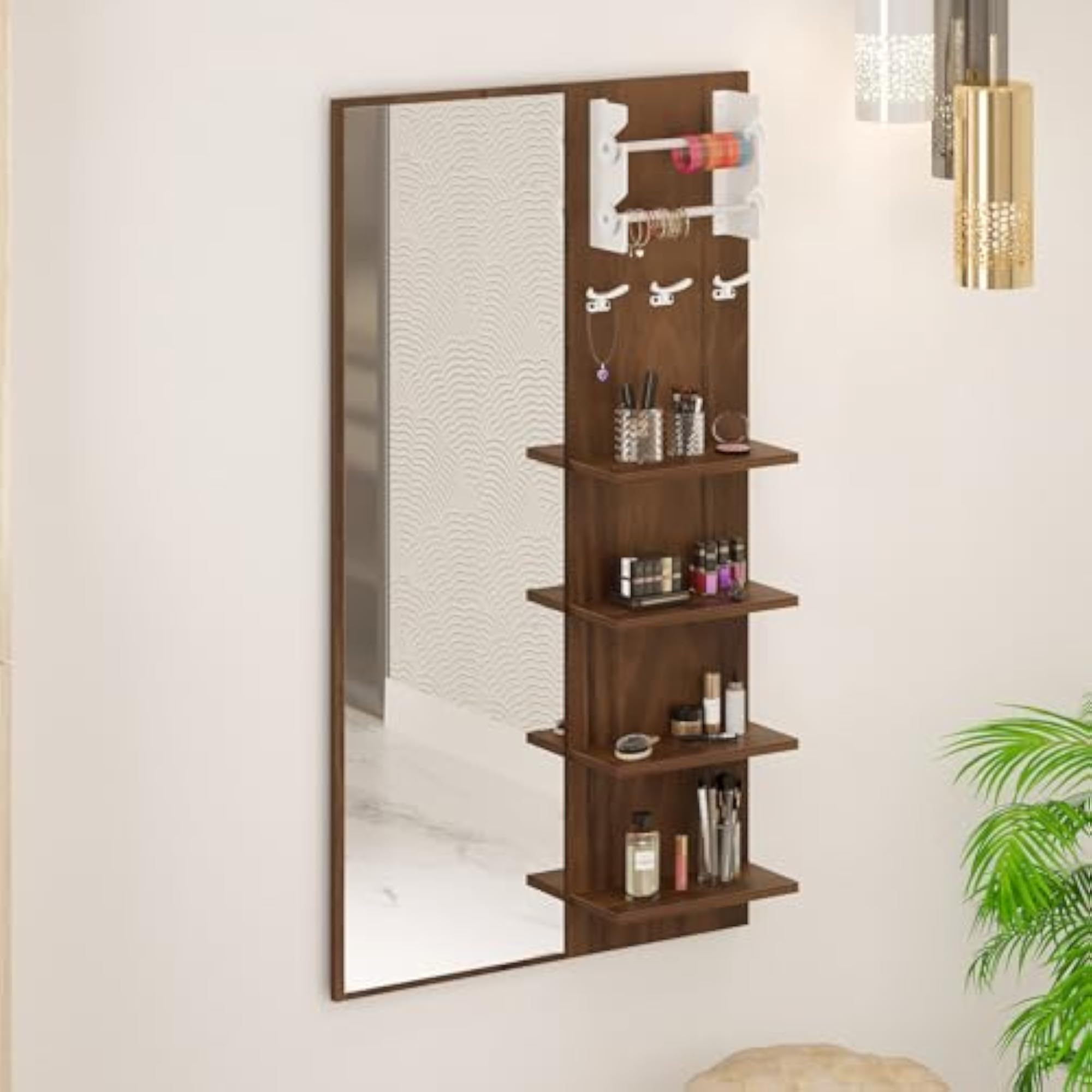 Engineered Wood Wall Mount Dressing Table Organizer with Mirror