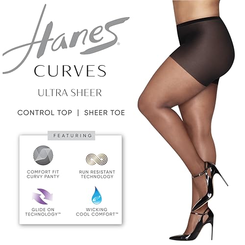 Hanes Curves Women's Pantyhose with Run Resist and X-Temp Technology, Ultra Sheer, Control Top, Sheer Toe, Plus Size2
