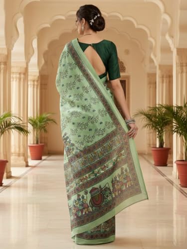 Image of AKHILAM Women's Sea Green Tussar Silk Madhubani Printed Saree With Unstitched Blouse Piece (FF0MDB8405B AI)