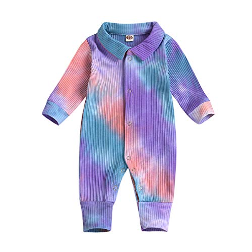 Toddler Baby Boy Girls Clothes Tie Dye Romper Long Sleeve Bodysuit Button Jumpsuit Pants Ribbed Knitted Pajamas Playwear Fall Winter Birthday Outfits Sleepwear Nightwear Purple Tie Dye 02 12-18 Months