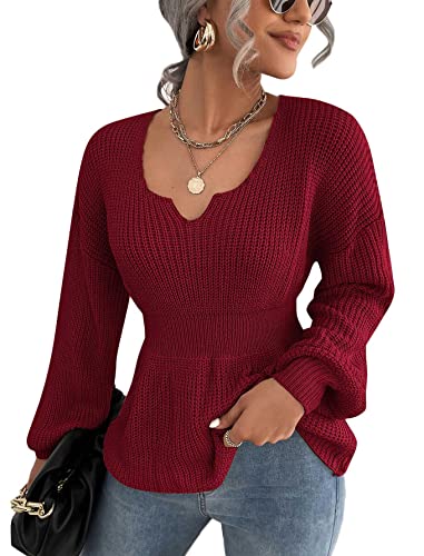 Hotouch Womens Sweater Pullovers Square Neck Long Sleeve Ribbed Knit Sweater,Dark Red,Large New #TOP21