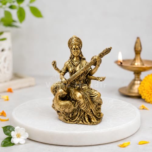 Image of Brass Saraswati Ji Idol, Vastu Remedy for Wisdom & Learning (4 Inch, 200 g)
