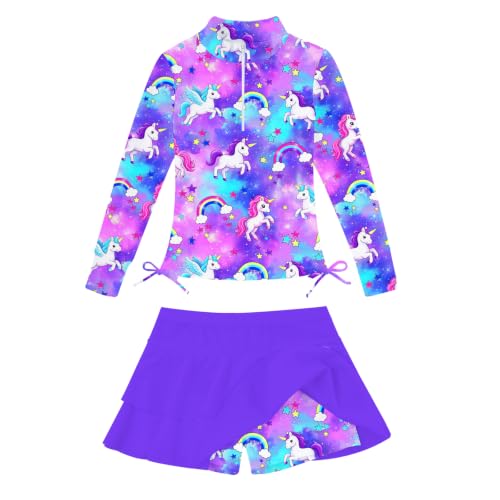 Image of Vogseek 3-12T Girls Rash Guard 2 Pieces Bathing Suit Long Sleeve Swimsuit Swimming Skirt with Shorts Swimwear