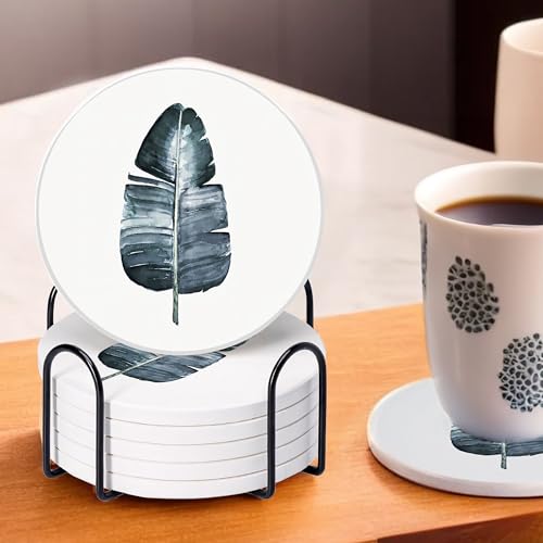 Image of The Better Home Diatomite Coaster Set of 6 with Cork Steel Holder (Dia - 10cm, Thick - 8mm) | Tea Coaster |Cups /Coffee Mugs /Glasses Coaster Set | Dining Table Accessories for Home (Leaf Print)