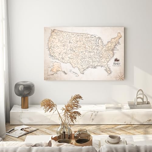 Image of IPIC - Vintage USA Map Pin Board Canvas Wall Art, Travel Map with Pins Included, Ready to Hang for Home or Office 36x24 Inch