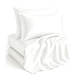 Satin Sheets Queen Size Set - 4 Pieces - Soft Like Silk - 1 Deep Pocket Fitted Sheet, 1 Flat Sheet & 2 Queen Pillowcases - Beneficial for Hair & Skin - Wrinke Free - White Bed Sheets Set