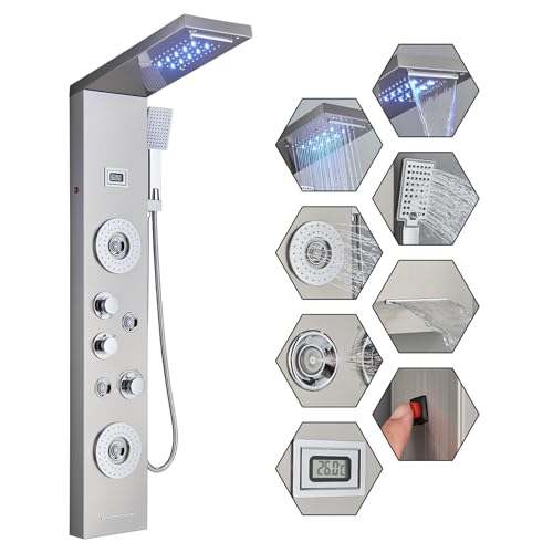 Harnart Bathroom Shower Panel Tower System Brushed Stainless Steel LED 5 Functions with Temperature Display Shower Screen Rain Waterfall Shower Handle and 4 Body Jets with Bathtub Spout