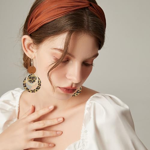 Handmade Bohemian PU Geometry Circle Dangle Drop Earrings Lightweight Nature Wooden Disc Leopard Print Hook Earrings For Women2