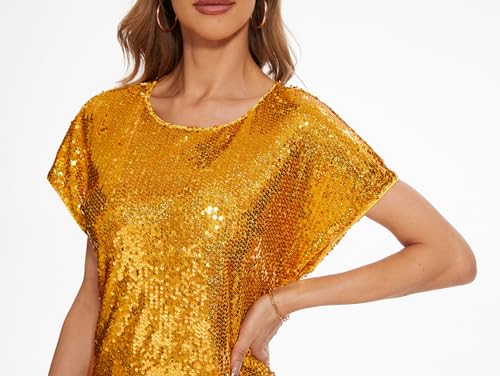 Image of Women's Crewneck Sequin Shift Dress Short Sleeve Casual Holiday Sparkly Party Dress