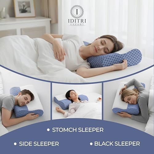 Image of Ergonomic Cervical Pillow Set of 2, Memory Foam Neck Support for Sleeping, Orthopedic Contour for Side and Back Sleepers, Slow Rebound, Washable Cover, Blue, 48 x 30 cm