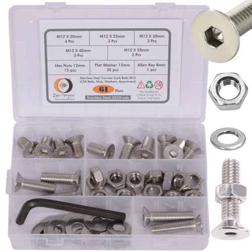 Image of Metric M12 Stainless Steel 202 Grade CSK Head Allen Bolt Hex Socket Countersunk Screws Nuts & Washers Assortment Kit with Allen Keys & Storage Box - 61 Pieces