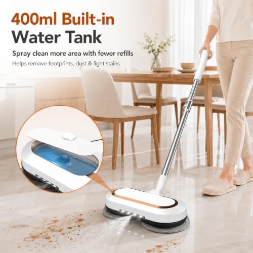 AlfaBot Cordless Electric Mop, Dual Spin Power Floor Cleaner with LED Headlight and Water Spray, 60-Min Runtime Self-Propelled Mop with Adjustable Tube for Hardwood, Tile, Marble and Vinyl Floors — view 2