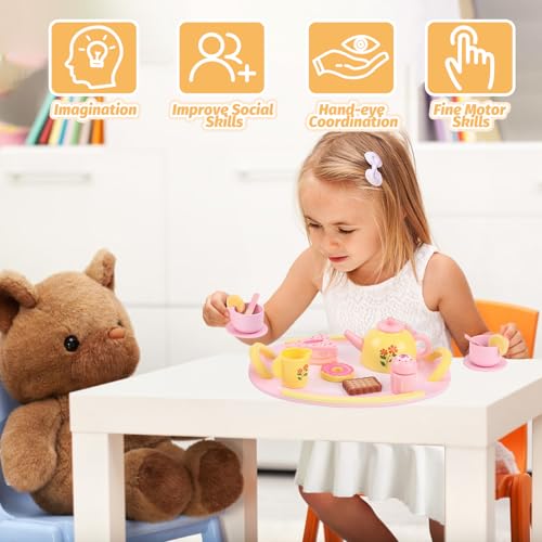 Tea Party Set Wooden Tea Sets for Toddlers 3-5 Play Food Pretend Play Toys Kids Tea Set for Girls 6-8 Birthday Gift Wooden Tea Party Set for Little Girls 3 4 5 6 Years Old Outdoor Tea Time Game — view 5