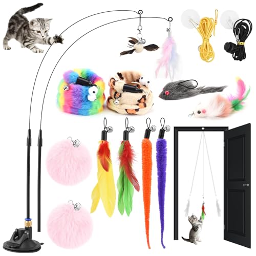 Holtrae 17 Pezzi Giochi Interattivi per Gatti, Canna Pesca Gatto con Ventosa e Piume, Gioco Gatto con Campane e Ricambi di Piume, Giochi per Gatti Adatti per Gattini e Gatti Adulti
