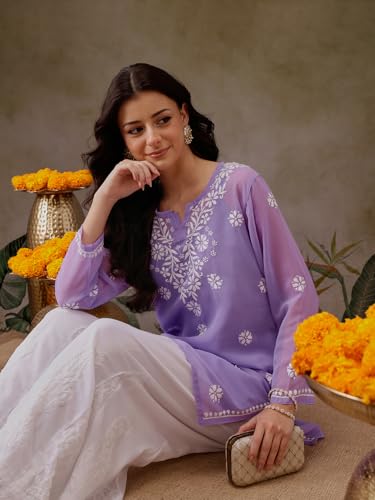 Image of Ada Women's & Girl's Georgette Hand Embroidered Lucknow Chikankari Regular Fit Short Kurti Top with Slip A911300