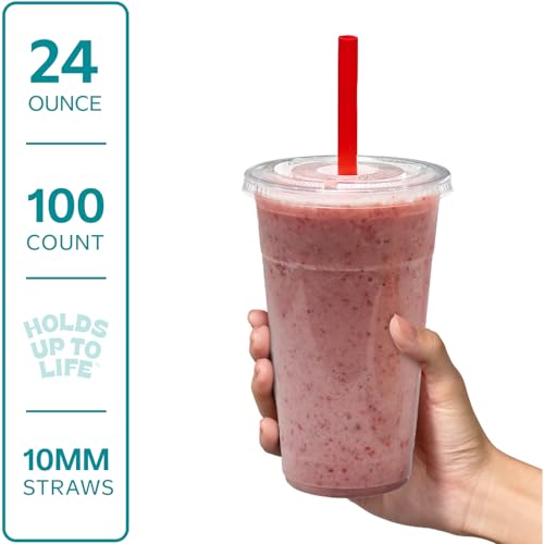 Comfy Package [24 oz. - 100 sets Clear Plastic Cups With Flat Lids & Straws -...